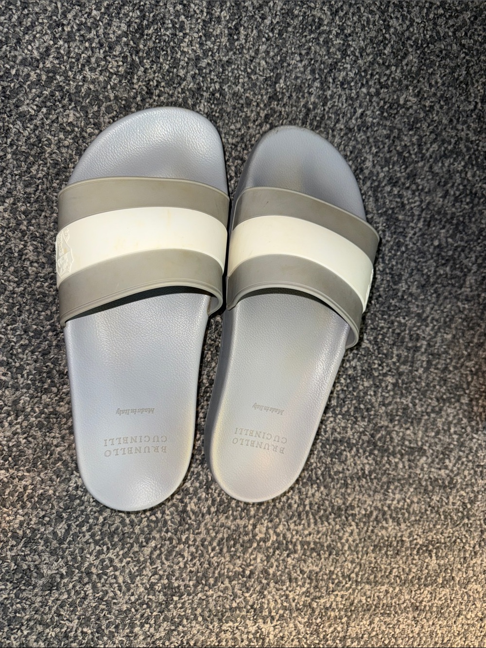 Brunello Cucinelli Gray and White Leather Slide Sandals  size :10